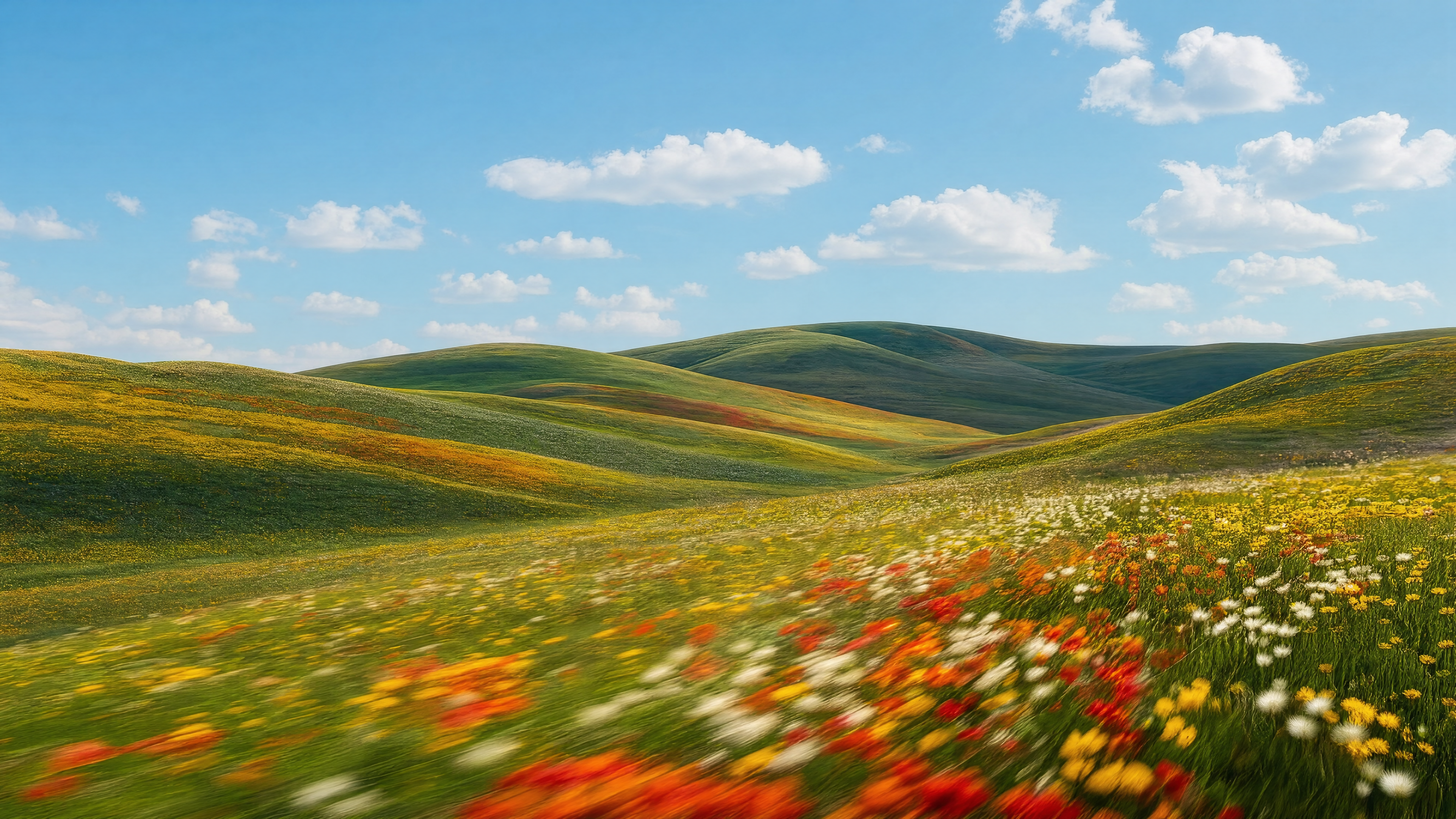 A flowered green meadow beneath a clear sky